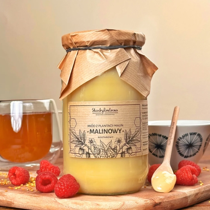 miel de framboise 1000g trésors de roztocze cristallisé face produit thé cuillère carré