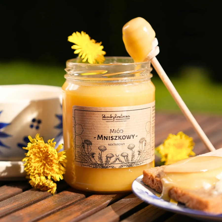 miel de pissenlit 650g skarby roztocza produit face carré cuillère à miel texture petit déjeuner