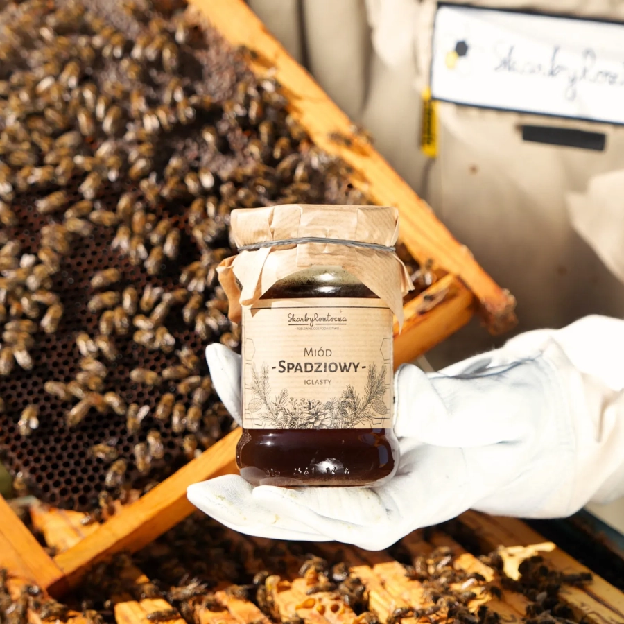 miel de miellat de conifères 370g skarby roztocza rayon de miel abeilles