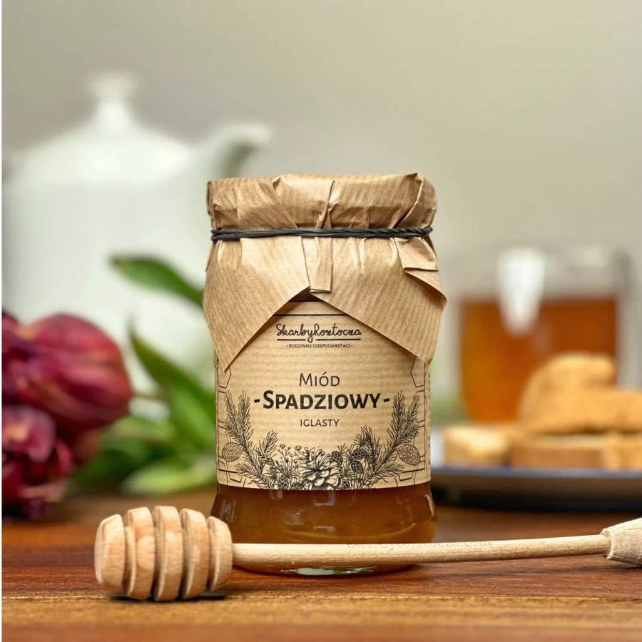 miel de miellat de conifères 370g skarby roztocza produit carré face