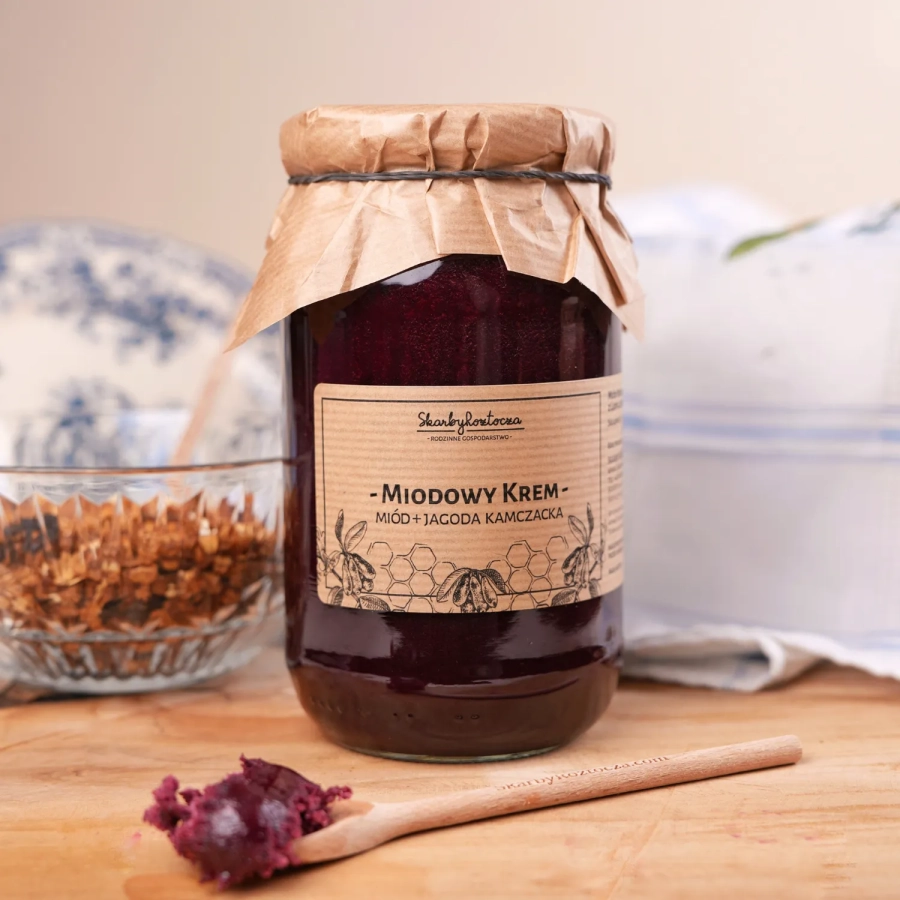 miel au chevrefeuille bleu grand pot skarby roztocza cuillere produit face carre