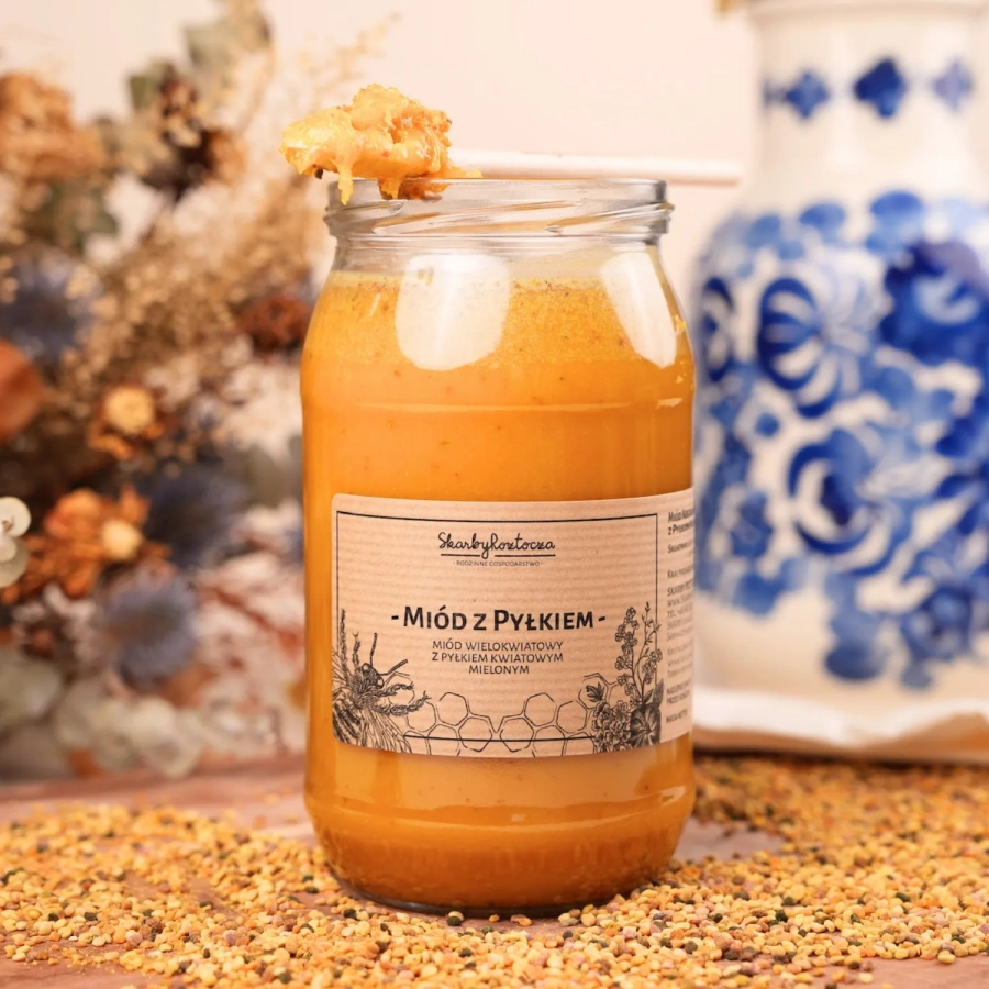 miel au pollen d'abeille moulu grand pot trésors de roztocze