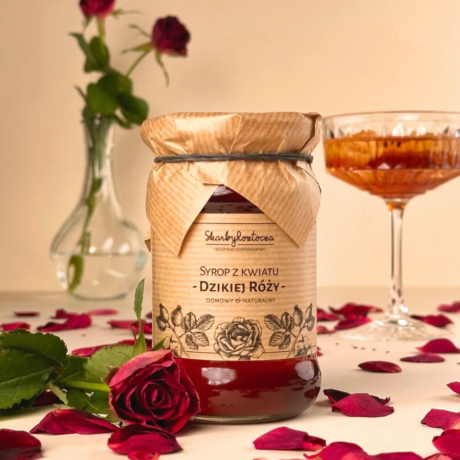 sirop de fleurs d'eglantier trésors de roztocze face produit carré