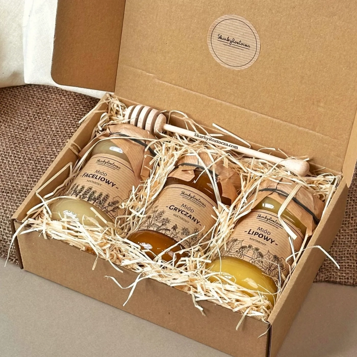 coffret cadeau traditionnel boîte 3 miels trésors de roztocze produit carré