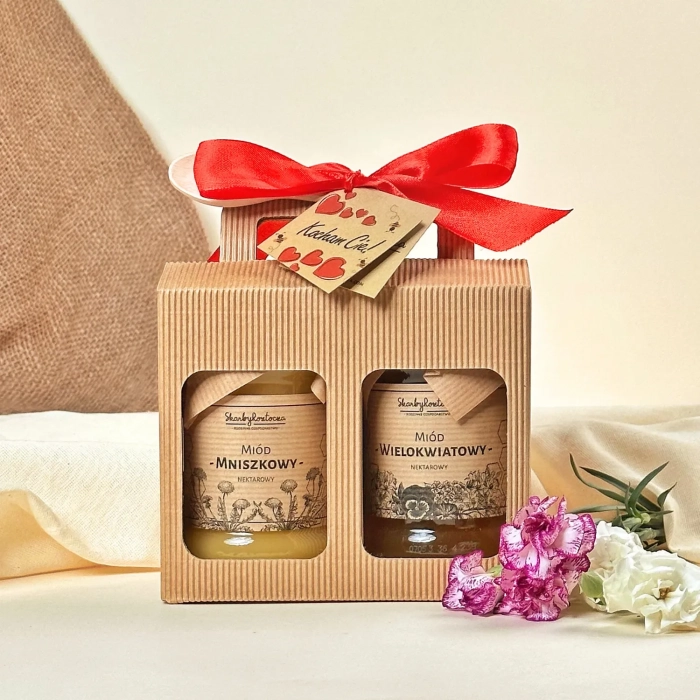coffret cadeau traditionnel boîte fenêtre 2 miels cuillère skarby roztocza produit carré voeux cadeau noeud ruban rouge