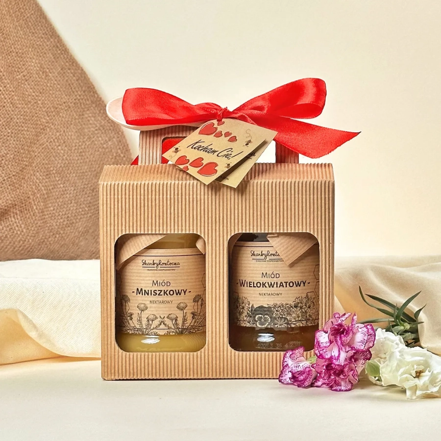 coffret cadeau traditionnel boîte fenêtre 2 miels cuillère skarby roztocza produit carré voeux cadeau noeud ruban rouge