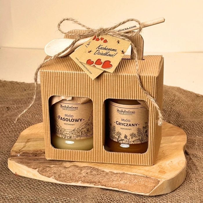 coffret cadeau traditionnel boîte fenêtre 2 miels cuillère skarby roztocza produit carré voeux cadeau